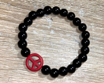 Black Beaded Peace Sign Bracelet: Stretchable Glass Bead Jewelry