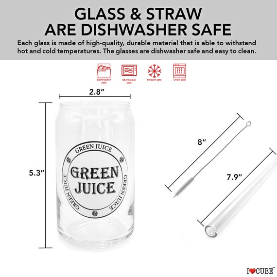 I Cube A Glass A Lid A Straw 4pcs Set 16oz Can Shaped Glass Cups, Smoothie Cup, Green Juice, Water Cup, Detox Drink Cup, Gift 1 Cleaning Brush