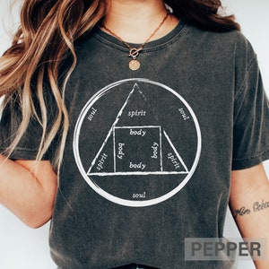 Könnte beinhalten: Ein dunkelgraues T-Shirt mit einer weißen Grafik eines Kreises, der ein Dreieck mit den Wörtern "Geist", "Körper" und "Seele" enthält, die um ihn herum geschrieben sind.