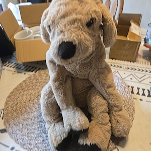 May include: A plush, light brown dog toy with a black nose and floppy ears. The stuffed animal is sitting on a round, textured, beige mat. The dog's paws are black. The background includes cardboard boxes and a patterned tablecloth.