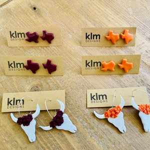 Texas Schools Gameday Earrings - A&M, UT, TCU, SMU  l  Texas Studs and Longhorn Hoops  l  Perfect for Tailgating  l  Graduation Gifts