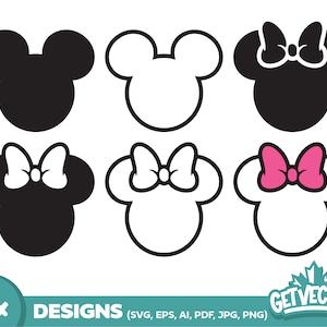 MICKEY MINNIE EARS (sagoma di topo, svg, png, clipart, download digitale, contorno orecchie, mouse, fiocco di Minnie, cricut, vinile, fiocco rosa, testa)
