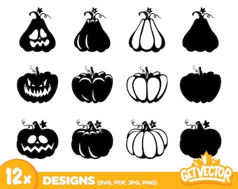 12 calabazas de Halloween (paquete SVG, digital, calabaza de Halloween, linda, espeluznante, cara de calabaza, calabazas, tallado, archivos de corte Cricut, Silhouette)