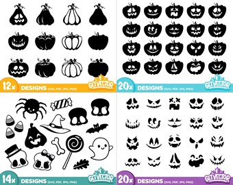 PAQUETE DE SVG DE HALLOWEEN: (calabaza de Halloween, caras de calabaza, vector de calabaza, dulces, descarga digital, calavera, araña, lindo, espeluznante, Cricut, vinilo)