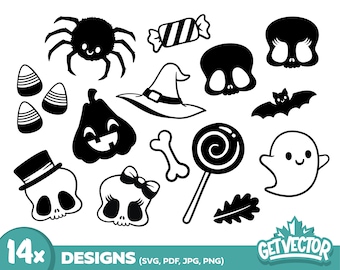 14x CUTE HALLOWEEN DESIGNS (svg bundle, jack-o-lantern, cute spider, cute skull, candy, cute bat, cute ghost, cricut cut files, silhouette)