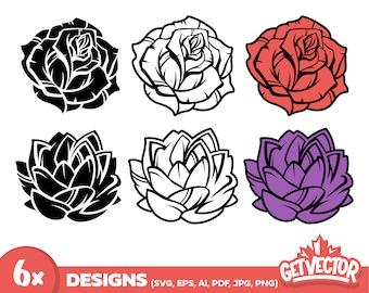 6x ROSA LOTO (paquete svg, rosa, loto, contorno, silueta floral, descarga digital, flor de rosa, flor de loto, archivo de corte para Cricut)