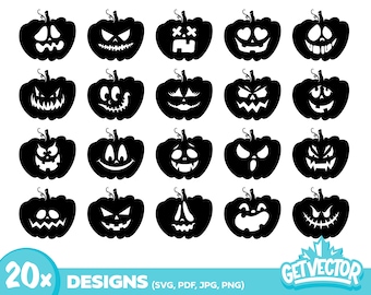20x CALABAZAS DE HALLOWEEN (paquete de archivos SVG, calabaza de Halloween, linda, espeluznante, cara de calabaza, calabazas, tallado, archivos de corte para Cricut, Silhouette)