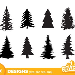 8x SILHOUETTES D'ARBRES À VERDURE PERMANENTE (ensemble de svg, arbres à feuilles persistantes, hiver, gribouillages, sapin de Noël, pins, silhouette, fichiers cricut)