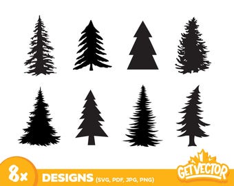 8x SILUETA ​​DE ÁRBOL (perenne, pino de invierno, árbol de Navidad, árboles de dibujos animados, ilustración simple, svg, descarga digital, archivo de corte para Cricut)