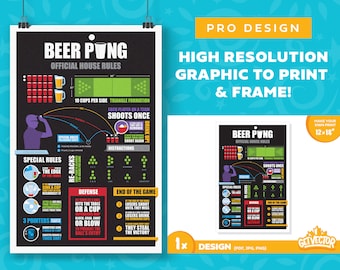 Póster de las reglas del Beer Pong: Infografía de decoración de bares (impresión de 30 x 45 cm) (descarga digital)