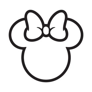以下が含まれることがあります： 黒と白の線画で描かれた、大きなリボンをつけた漫画のネズミの頭部
