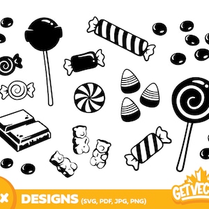 Peut inclure: Illustration vectorielle en noir et blanc de divers bonbons, dont des sucettes, des bonbons emballés, des barres chocolatées, des oursons en gélatine et des bonbons au maïs. Le texte "12x DESIGNS (SVG, PDF, JPG, PNG)" et le logo "GETVECTOR" sont inclus.