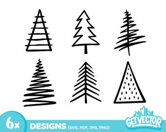 May include: Set of six black and white hand-drawn Christmas tree illustrations. The trees are in various styles, including a simple triangle, a tree with branches, and a tree with a dotted pattern.