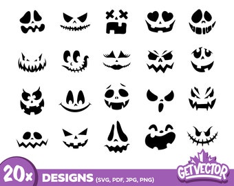 20x CARAS DE CALABAZA DE HALLOWEEN (paquete svg, digital, calabaza de Halloween, linda, espeluznante, cara de fantasma, calabazas, tallado, archivos de corte para Cricut, Silhouette)