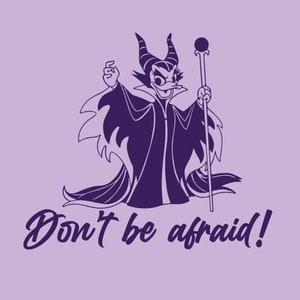 May include: A purple silhouette of a cartoon character with horns and a staff, with the text "Don't be afraid!" below.