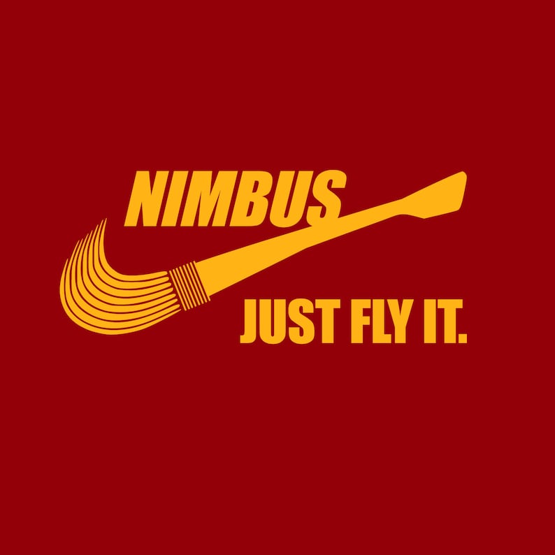 May include: A yellow graphic of a broomstick with the text "Nimbus" and "Just Fly It." on a red background.