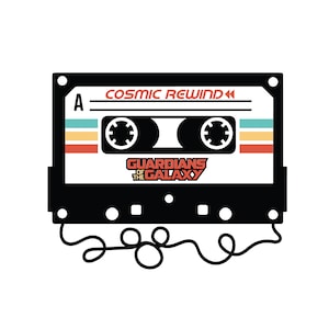 May include: A black cassette tape with the text "COSMIC REWIND" and "GUARDIANS OF THE GALAXY" in red and white. The tape has a white background with colorful stripes and is connected to a black cord.