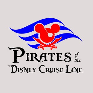 May include: A blue and white wave design with a red Mickey Mouse head wearing an eye patch and holding crossed swords. The text "Pirates of the Disney Cruise Line" is below the design.