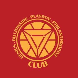 May include: A yellow and red circle with the text "Genius - Billionaire - Playboy - Philanthropist" around the outside and "CLUB" in the center. The circle contains a stylized iron man arc reactor design.