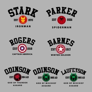 Stark, Parker, Rogers, Barnes, Odinson & Laufeyson hero logos svg for Cricut/Silhouette, perfect for vacation shirts