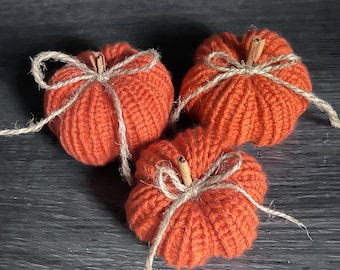 Knit Pumpkin Decorations, Small Pumpkin with Bow and Stem, Fall Halloween Decor, Autumn Decorations