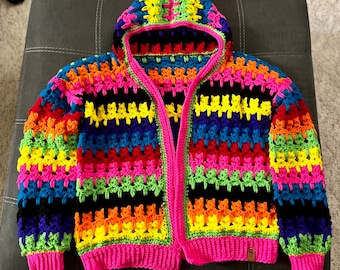 Neon Crochet Cat Cardigan with Hood, Cat Sweater with Pockets, Hooded Cardigan for Cat Lovers