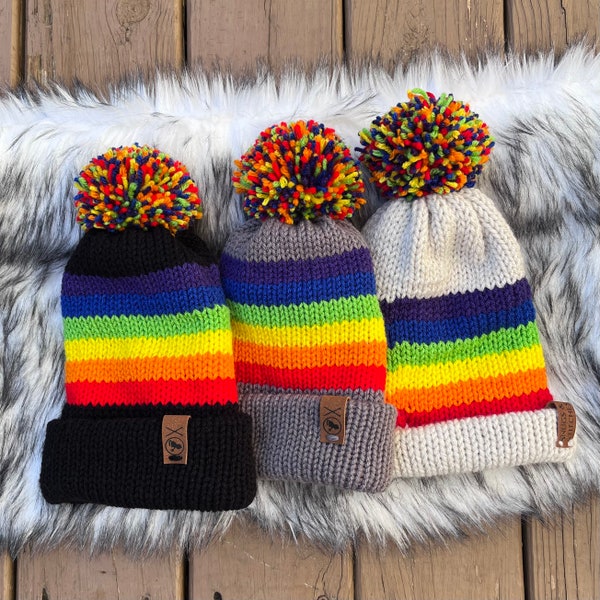 Rainbow Beanie With or Without Pompom, Winter Hat, Warm Hats, Winter Accessories, Rainbow Knit Crochet Hat