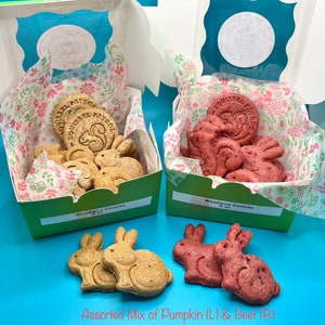 May include: Two boxes filled with dog treats. The box on the left contains pumpkin flavored treats and the box on the right contains beet flavored treats. Both boxes have a woodland theme and are labeled "Woodland Cookies".
