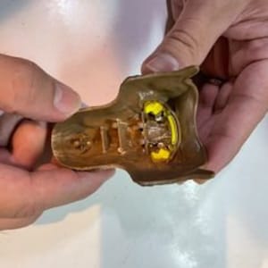 May include: A brown plastic mold with a yellow resin cast inside. The mold is open and the resin cast is visible. The resin cast is shaped like a human head with a detailed face.