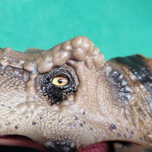 May include: Close-up of a dinosaur toy's eye. The eye is brown with a yellow iris and black pupil. The dinosaur's skin is textured and brown.