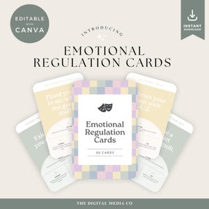 Op de afbeelding: Een set Emotional Regulation Cards met een pastelkleurig ruitpatroon. De kaarten bevatten teksten als "Overspoel je hersenen met de goede dingen" en "Tracteer je hersenen met A-Z". De set bevat 20 kaarten.