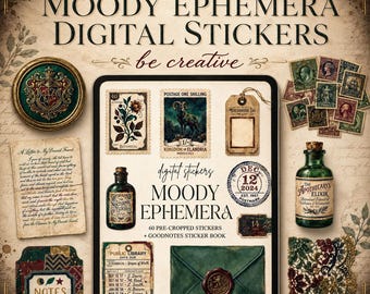 Moody Ephemera Stickers, Vintage Journal PNG Pack, Dark Academia Scrapbooking, Antique Paper Clipart, Botanical Planner Decor, Art Kit