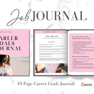 Może przedstawiać: Różowa i biała okładka dziennika z tekstem "Career Goals Journal" i zdjęciem kobiety patrzącej na książkę. Dziennik jest otwarty na stronie z tekstem "Career Goals Journal" i podpowiedziami do ustalania celów zawodowych.