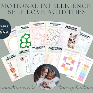 May include: A set of printable educational templates for emotional intelligence and self-love activities. The templates feature colorful illustrations and activities such as "My Self-Love Tree", "The Anger Thermometer", "My Emotion Wheel", "My Personal Space Bubble", "Friendship Boundaries", and "Growth Mindset".
