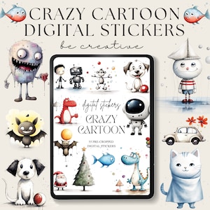May include: A digital sticker set featuring 55 pre-cropped cartoon illustrations. The stickers include a variety of characters, such as a monster, a robot, a dog, a bat, a dinosaur, an astronaut, a fish, a cat, a Christmas tree, and a car. The stickers are perfect for adding a fun and whimsical touch to your digital projects.