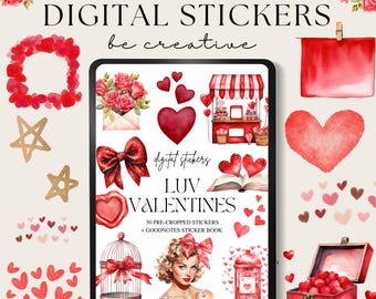 May include: A digital sticker pack with a Valentine's Day theme. The pack includes 50 pre-cropped stickers and a Goodnotes sticker book. The stickers feature hearts, stars, a birdcage, a book, a mailbox, a shop, and a woman with a red bow in her hair. The text "LUV VALENTINES" is featured on the sticker pack.