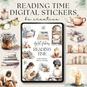 Adesivi per pianificatore digitale del tempo di lettura, adesivi Goodnotes, adesivi per topi di biblioteca, pianificatore di notabilità, bibliotecario, iPad Png, risorsa per scrapbooking