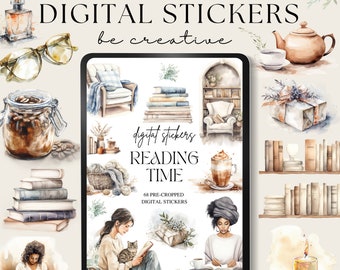 Reading Time Digital Planner Stickers, Goodnotes Stickers, Bookworm Stickers, Notability Planner, Librarian, Ipad Png, Scrapbooking Resource