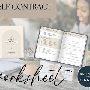 Puede incluir: Una hoja de trabajo de contrato personal imprimible con un fondo beige y un diseño moderno. La hoja de trabajo se titula "The Self-Contract Worksheet" e incluye secciones para "Check-in at Beginning of Week", "How Will I Celebrate" y "Accountability Sign-Off Sheet".