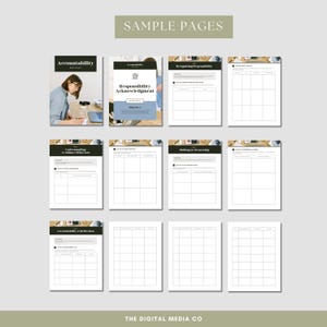 May include: A collection of sample pages from a workbook, featuring the title "Accountability" and other pages with titles like "Responsibility Acknowledgment" and "Shifting to Ownership." The pages have a clean, minimalist design with a neutral color palette.