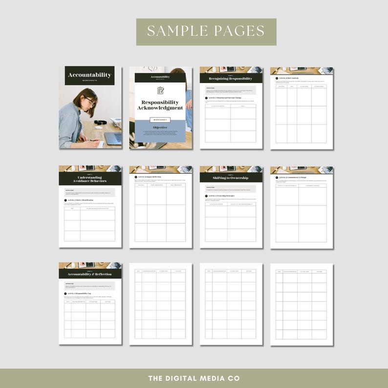 May include: A collection of sample pages from a workbook, featuring the title "Accountability" and other pages with titles like "Responsibility Acknowledgment" and "Shifting to Ownership." The pages have a clean, minimalist design with a neutral color palette.