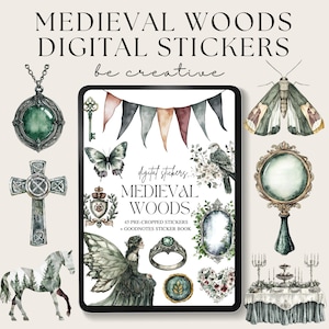 Op de afbeelding: Een digitale stickerset met een middeleeuws thema. De set bevat 45 voorgeknipte stickers en een stickerboek voor Goodnotes. De stickers bevatten verschillende afbeeldingen, waaronder een fee, een vlinder, een kruis, een paard, een spiegel, een nachtvlinder, een sleutel, een ring, een kroon en een tafeldekking.