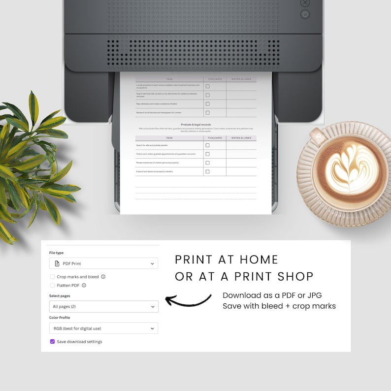 Puede incluir: Una impresora negra y gris imprimiendo un documento blanco con casillas de verificaci&oacute;n y texto. El texto dice "Probate & legal records". Una taza de caf&eacute; est&aacute; sobre un platillo a la derecha. El texto en la parte inferior dice "Imprime en casa o en una imprenta".