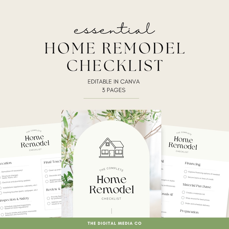 May include: A checklist for home remodelling projects. The checklist is divided into three sections: Execution, Final Touch, and Review & Inspection. The checklist is editable in Canva and includes three pages.