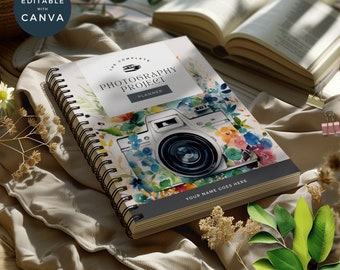 May include: A spiral bound photography project planner with a watercolor illustration of a camera with flowers. The planner has the text "The Complete Photography Project Planner" and "Your Name Goes Here".