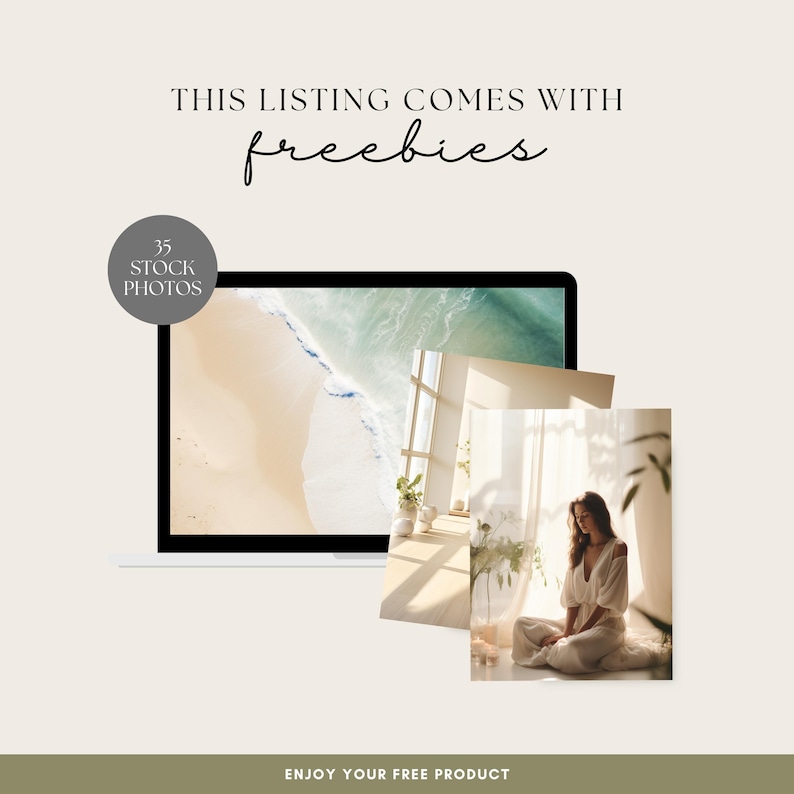 May include: A laptop computer displaying a beach scene with a wave crashing on the shore. The laptop is open and the screen is showing a photo of the beach. There are two other photos on the screen, one of a woman sitting in a room with a window and the other of a plant in a pot. The text "This listing comes with freebies" is at the top of the screen. The text "35 Stock Photos" is in a circle on the left side of the screen.