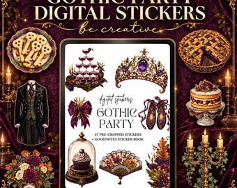 Gothic Party Digital Stickers, Victorian Planner PNGs, Dark Academia Clipart, Goodnotes Sticker Book, Elegant Burgundy Ephemera