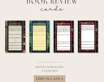 Book Review Cards, Printable Library Designs, Book Tracker, Reading Journal, Book Club Notes, Digital Download, Canva Bookish Notes