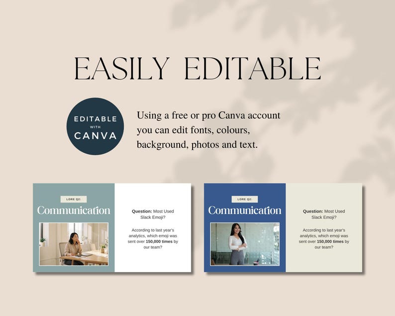 Pu&ograve; includere: Modello di design grafico beige con il testo "EASILY EDITABLE" in alto. Sotto, viene visualizzato un cerchio blu scuro con "EDITABLE WITH CANVA". Il modello include due sezioni con la parola "Communication" e una domanda sugli emoji di Slack.