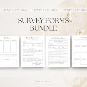 Puede incluir: Cuatro formularios de encuesta imprimibles con texto negro sobre fondo blanco. Los formularios incluyen los títulos "Título aquí", "Formulario de encuesta [Nombre]", "Encuesta de retroalimentación del entrenador" y "Título aquí". Cada formulario tiene secciones para información personal y preguntas de la encuesta.